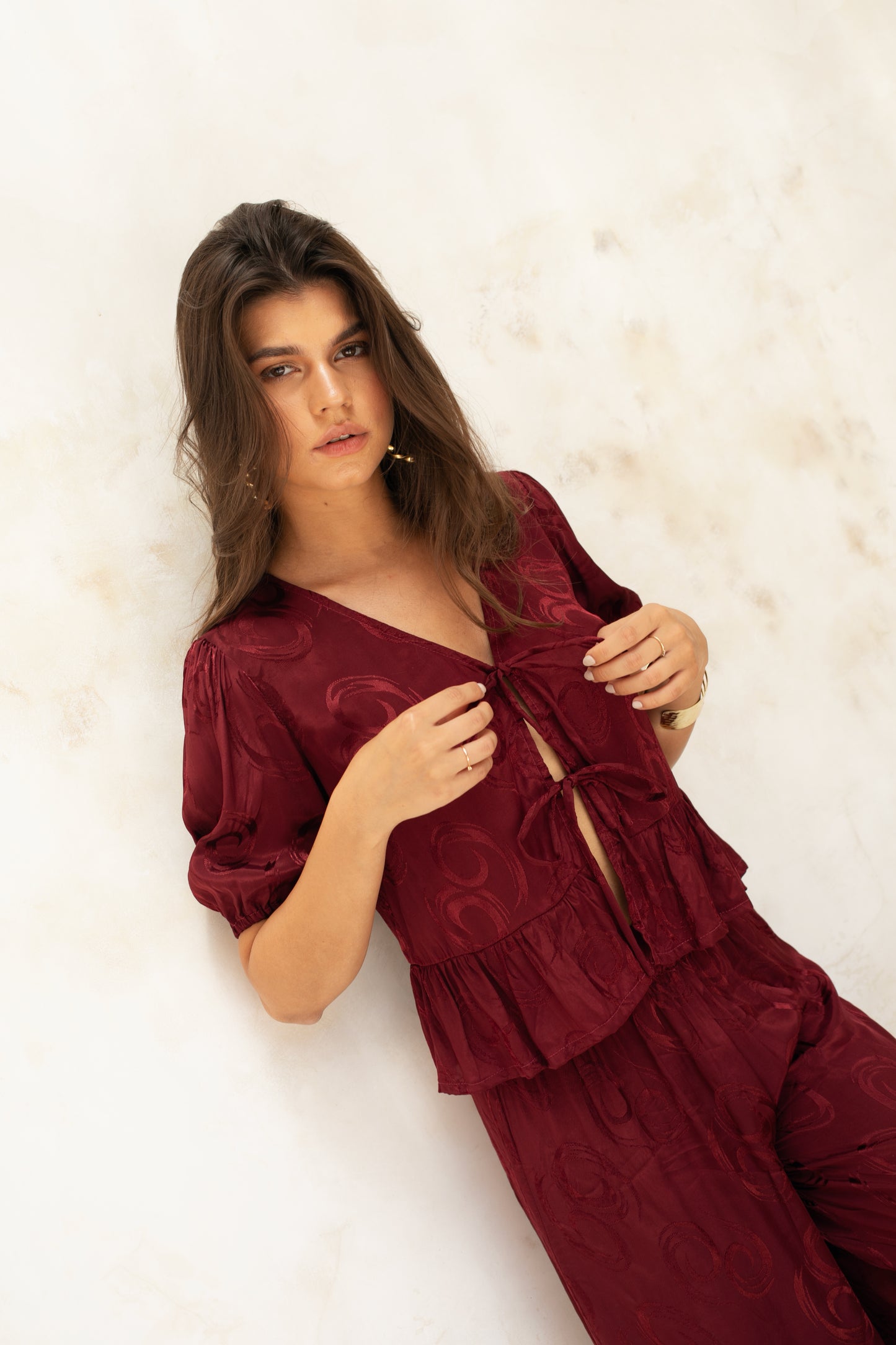 Janita Bow Top - Sangria Jacquard