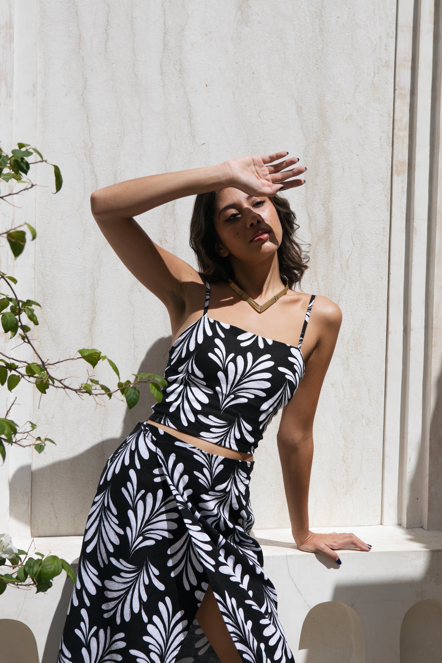 Marcy Top - Black and White Palms Print