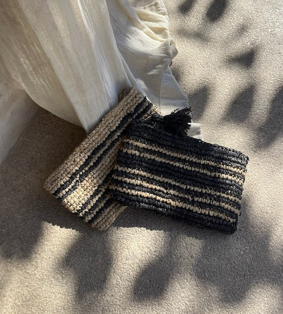 Clutch Raffia Striped Bag Black